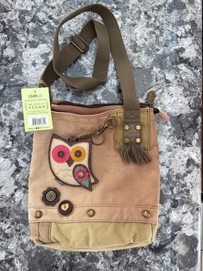 Chala Beige and Tan Canvas Crossbody Bag with Colorful Owl change purse key ring